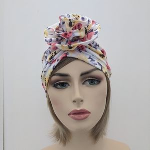 Floral Turban Hat Cap Tropical White Yellow Orange